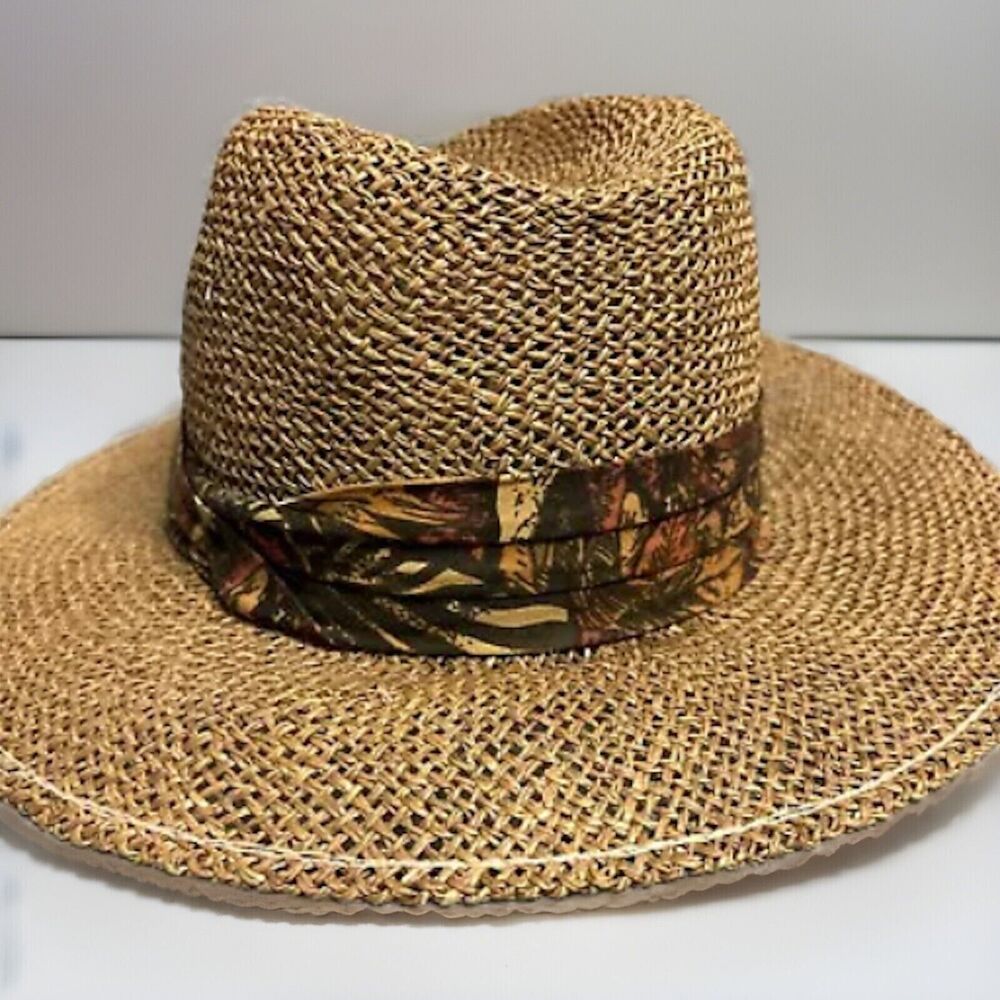 Vintage‎ Knight Straw Fedora Hat L USA Safari Hat Band Beach Golf